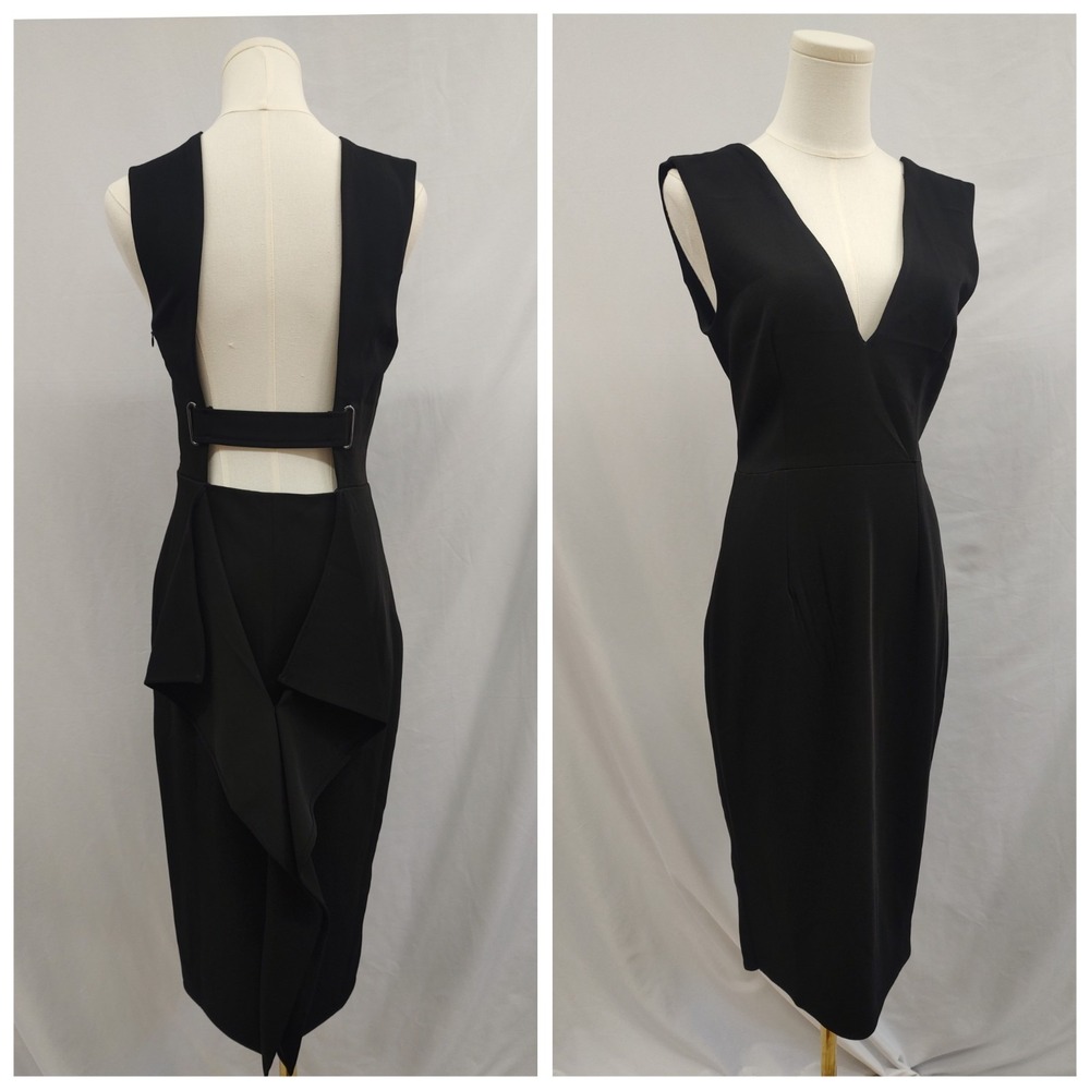 Asilio Sheath Dress Black Open Strap Back Ruffle Detail V Neck Midi Length Sz 4
